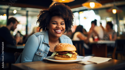 Young smiling black woman going to eat pizza in a restaurant photo