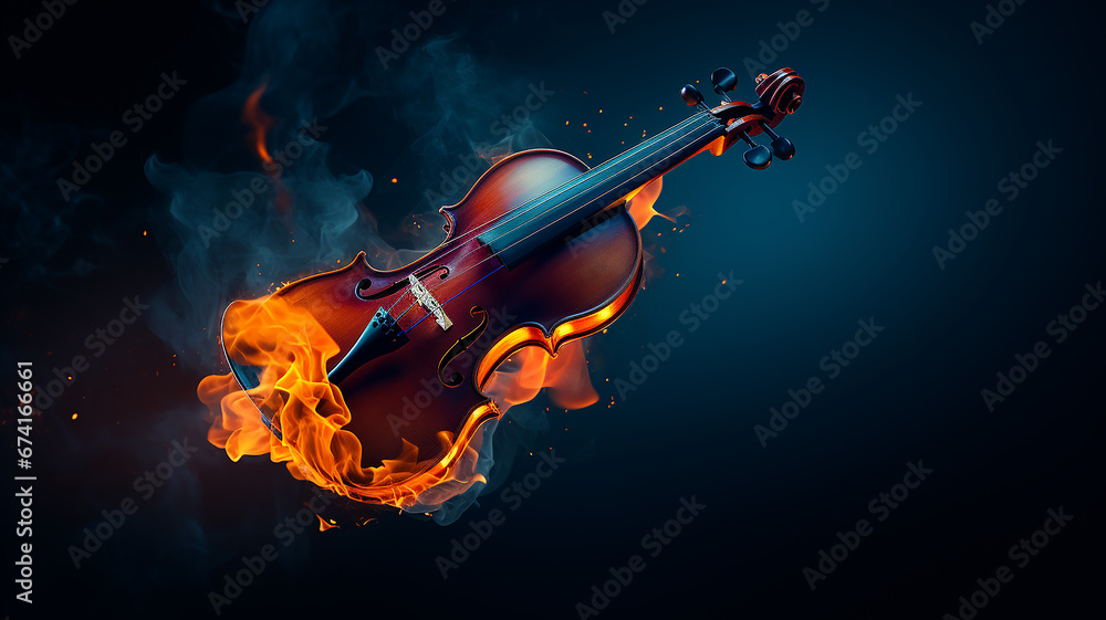 musical background, burning violin on a dark background, hot classical music concept,  album cover melody and rhythm modern graphics