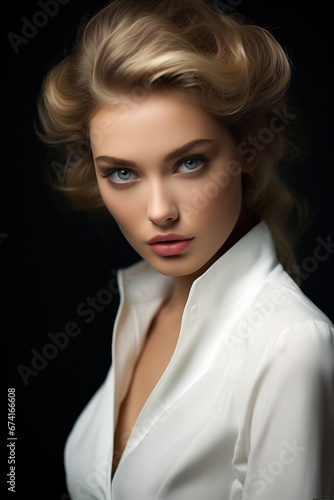 Close-up of a high fashion model with captivating European features. She wears a tasteful designer outfit that highlights her unique beauty and personal style. His expression is calm and collected