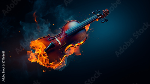 musical background, burning violin on a dark background, hot classical music concept, album cover melody and rhythm modern graphics
