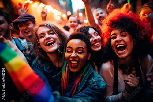LGBT community celebrating gay pride day festival. Group of diverse joyful cheerful people having fun together. Generation z and social event, pride. Generative AI content