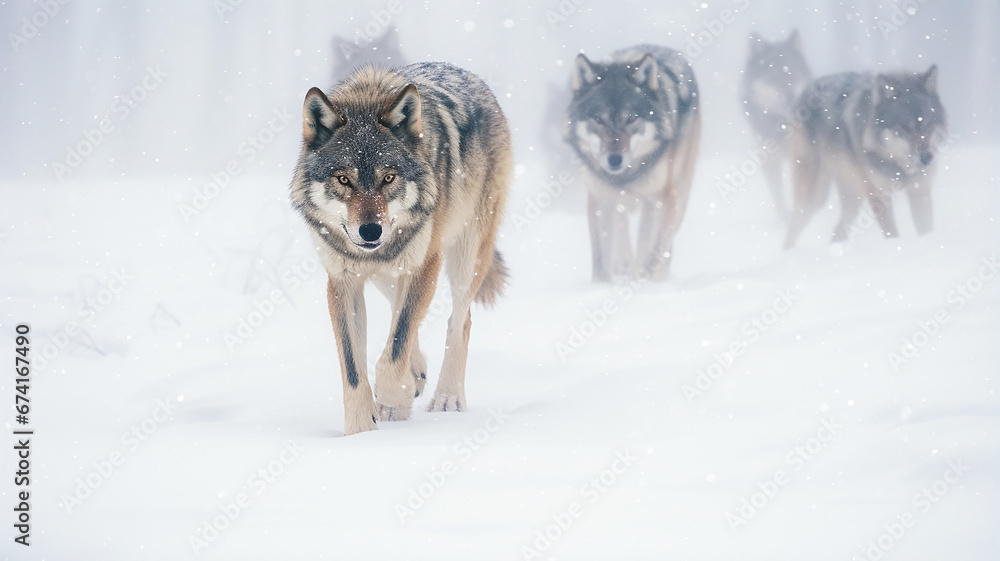 a group of wild wolves in the winter forest, wildlife a group of wild wolves in the winter forest, wildlife