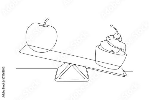 Continuous one line drawing Healthy vs unhealthy food. food nutrition concept. Doodle vector illustration.