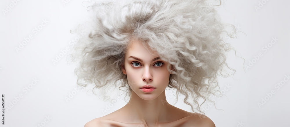 A peculiar hairstyle adorns the young woman s portrait against a plain white backdrop