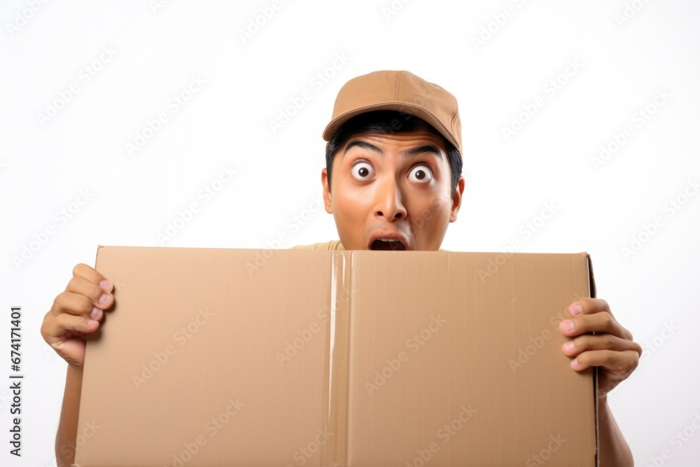 Surprised man with cardboard box. Mockup for discounts. Surprised man with cardboard box. Mockup for discounts.