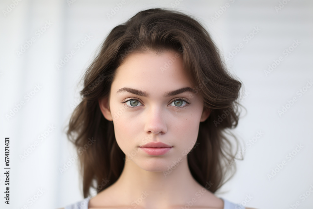 A candid portrait of a woman in soft lighting on a plain white background.
