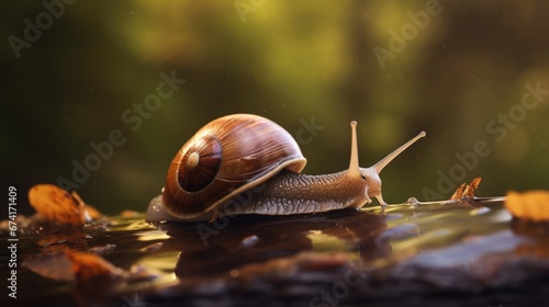 A snail crawls along a branch against the backdrop of a blurry forest.
