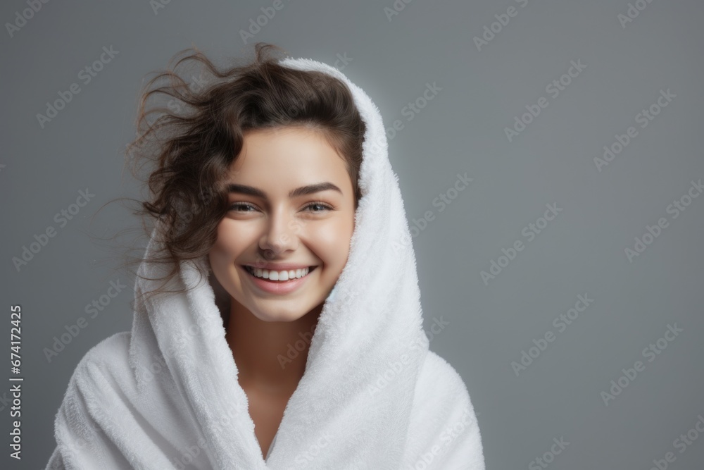 Portrait of a beautiful smiling woman in a white towel. Personal hygiene, after shower. Portrait of a beautiful smiling woman in a white towel. Personal hygiene, after shower.