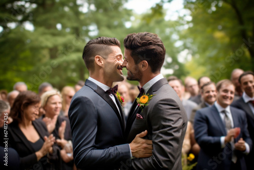 Gay marriage, gay couple wedding. Portrait of happy gay couple on wedding day. Generative AI content