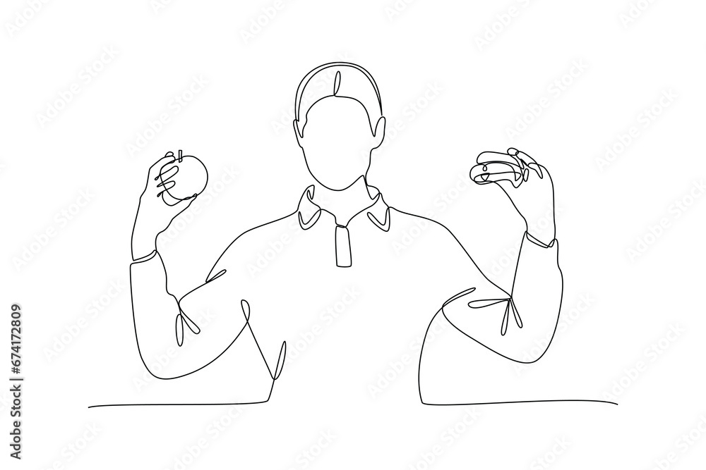 Continuous one line drawing Healthy vs unhealthy food. food nutrition concept. Doodle vector illustration.