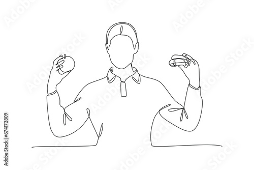 Continuous one line drawing Healthy vs unhealthy food. food nutrition concept. Doodle vector illustration.