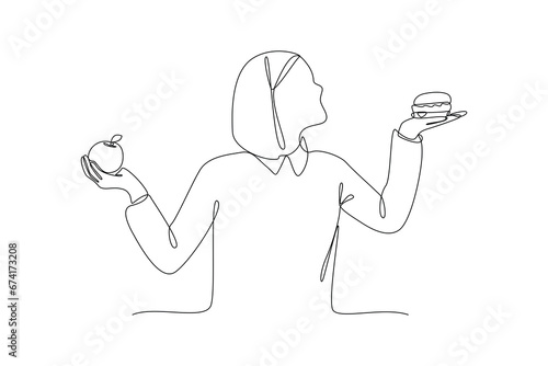 Continuous one line drawing Healthy vs unhealthy food. food nutrition concept. Doodle vector illustration.