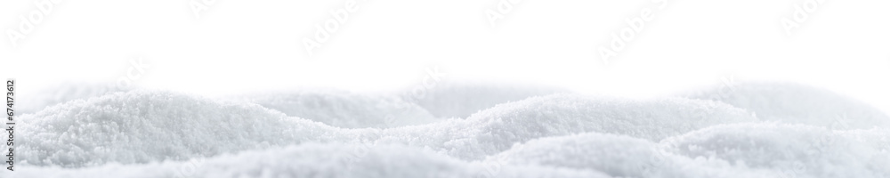 Banner of sparkling fluffy white snow hills. Wintertime snow border.