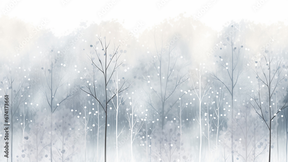 white watercolor snowfall in the forest, winter abstract background illustration with copy space, greeting card form - obrazy, fototapety, plakaty 