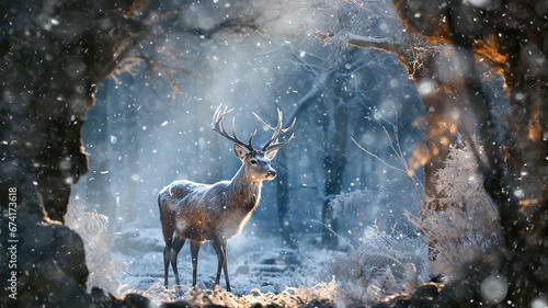 greeting card for christmas  deer in the winter forest  illustration of new year decoration