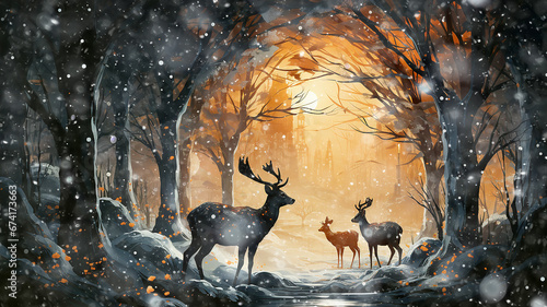 greeting card for christmas, deer in the winter forest, illustration of new year decoration © kichigin19