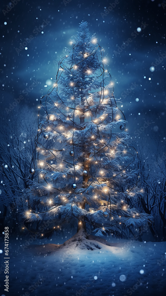 christmas decorated tree with lights on abstract blue background, vertical greeting card