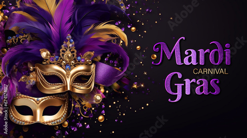 Happy Mardi Gras Carnival Poster Design with Venetian masks in gold, purple and green colors © Darwin Vectorian