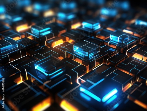 abstract technology background with glowing cubes in dark space. 