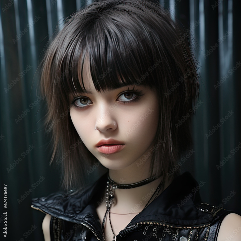 Portrait of a punk rock woman girl lady with bangs, Portrait of a punk rock woman girl lady with bangs,