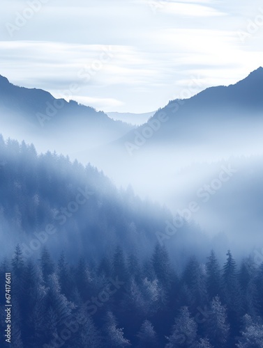 Foggy winter landscape with coniferous forest and mountains. 