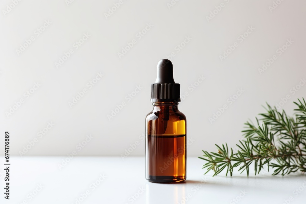 A bottle of essential oil next to a plant. A bottle of essential oil next to a plant.