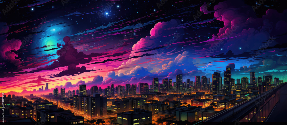 Stylized colorful cityscape skyline at night comic book illustration style