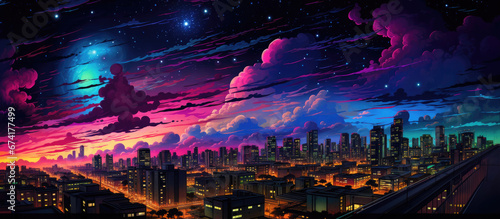 Stylized colorful cityscape skyline at night comic book illustration style photo