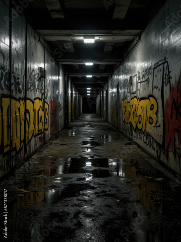 old abandoned tunnel hallway with graffiti for presentation display background