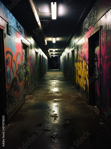 old abandoned tunnel hallway with graffiti for presentation display background 