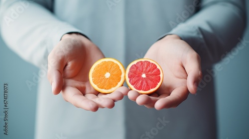 A person holding two slices of fruit in their hands.