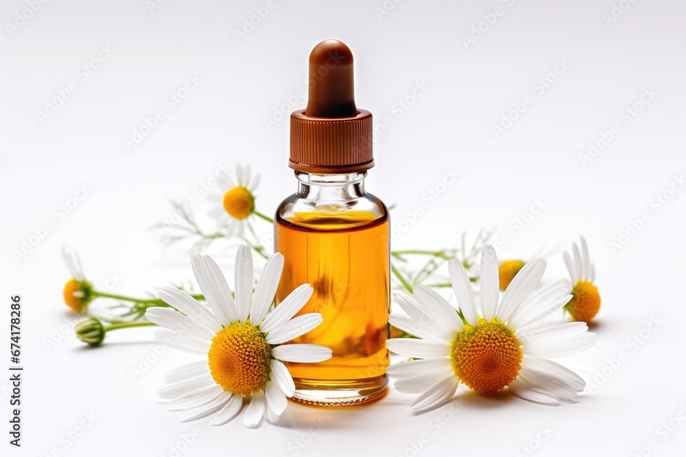 A bottle of essential oil with flowers on a white surface. A bottle of essential oil with flowers on a white surface.