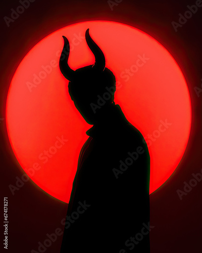 silhouette of a devil with horns on red circle background photo