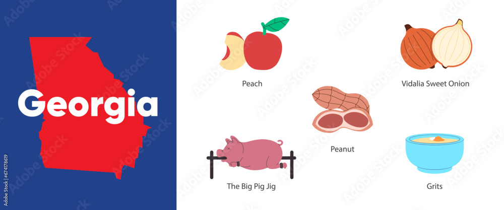 Georgia states with symbol icon of peanut peach fruit pig jig grits and vedelia sweet onion illustration Georgia states with symbol icon of peanut peach fruit pig jig grits and vedelia sweet onion illustration