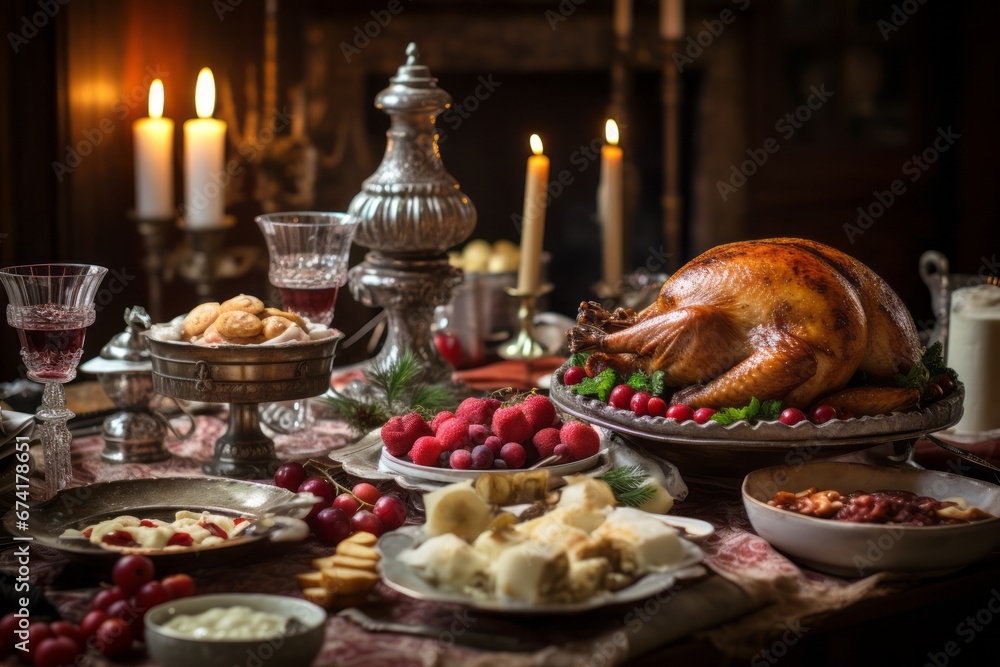 A set table with a vintage Christmas feast, complete with a roast turkey, plum pudding, and other classic dishes.
