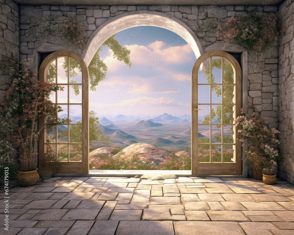 Naklejka premium Empty stone room with archway and plants