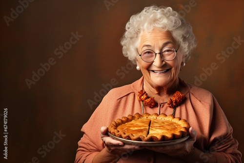 a Grandmother old lady holding a pumpkin pie, copyspace, wide banner, fall autumn season, Thanksgiving holiday