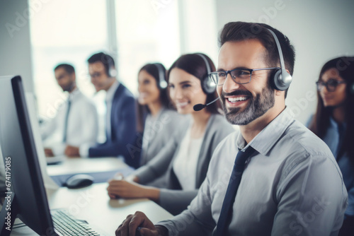 Call centre specialist, help desk service operator talking with client