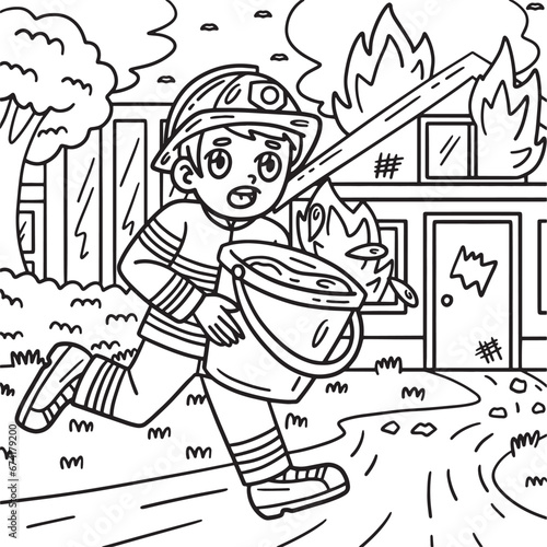 Firefighter with Water Bucket Coloring Page 