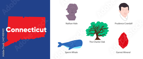 Connecticut states with symbol icon of Nathan hale sperm whale the charter oak and garnet illustration