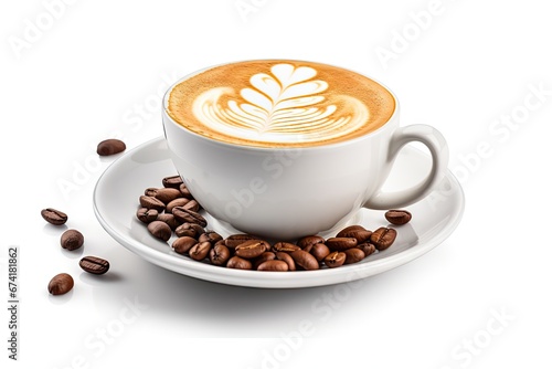 Isolated white background with coffee latte and beans