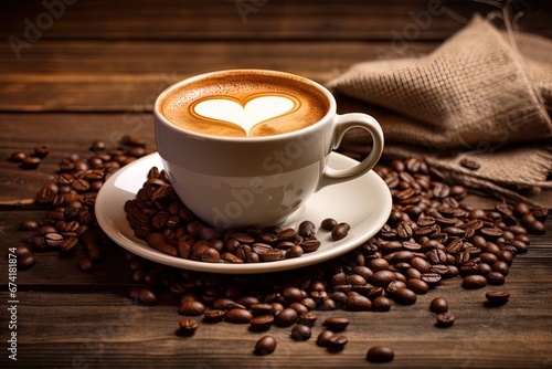 Latte with heart and coffee beans on wooden background