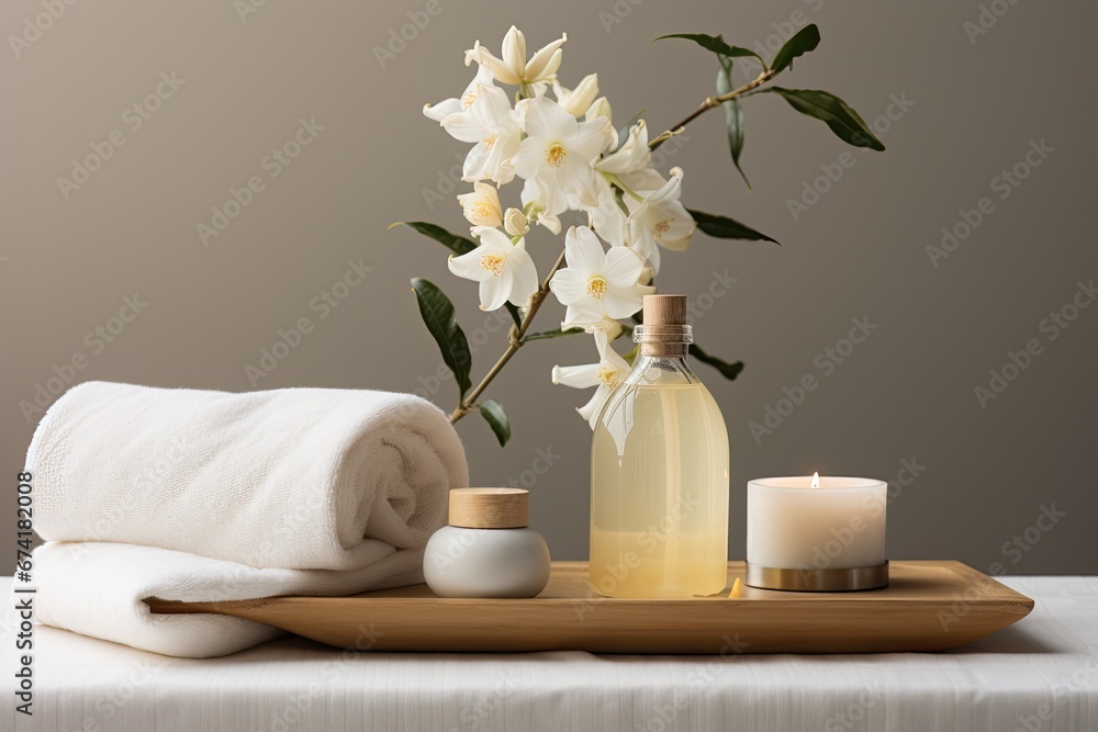A calm and serene spa-inspired arrangement that showcases bath salt, a bottle of fragrant jasmine oil, fresh flowers, a towel, and a bar of all-natural soap