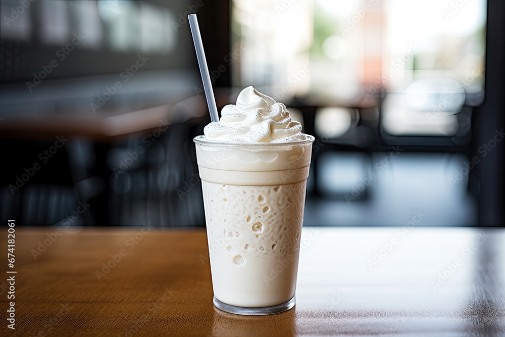 A milkshake made from scratch, using vanilla flavoring and frozen, served with a straw. A milkshake made from scratch, using vanilla flavoring and frozen, served with a straw.
