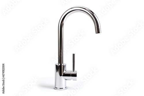 A chrome-plated metal faucet for the bathroom and kitchen, designed for mixing hot and cold water, seen on a white background.