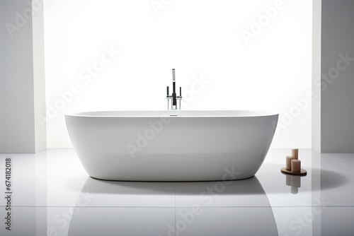 A contemporary bathtub in white color  featuring a stainless steel faucet  set against a white backdrop in isolation.