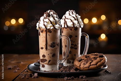 Papier peint A milkshake made with chocolate cookies and served in tall mugs, topped with whipped cream infused with chocolate