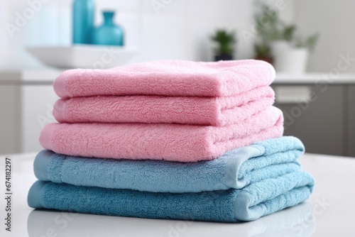 A pile of pink and blue towels is placed on a white surface in a separate area