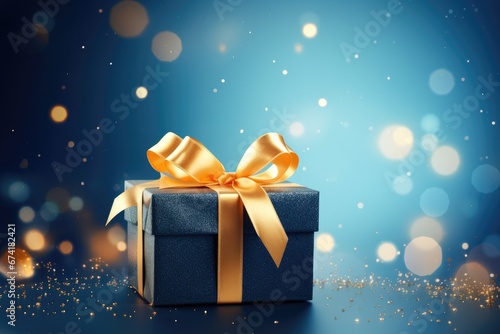 Blue background golden decorations sparkles and blue ribbon on a gift box for Christmas Holiday banner present © LimeSky