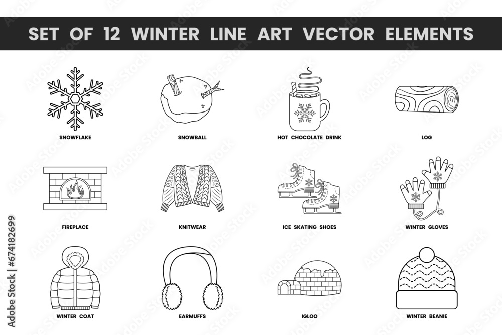 Set of 12 winter line art vector elements. Vector illustrations with winter theme and line art vector style. Editable vector elements.